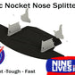 A product image showcasing a Mazda MX5 Nose Splitter for models 2006-2015. The splitter is black with silver brackets, made from CNC cut organic composite material. The top of the image reads "Nc Nocket Nose Splitters." The logos displayed include a red "Rocket Nose V2 Splitter" and a blue "9livesracing." The bottom of the image states, "Light - Tough - Fast.