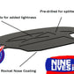 A detailed image showcasing a Mazda MX5 Splitter (06-15 NC) in black, with clearly labeled features such as "Pockets for added lightness," "Pre-drilled for splitter mounts," and "Tough Rocket Nose V2 Coating." Made from an organic composite material and CNC cut, the image also highlights the "Rocket Nose Splitter" logo and the 9livesracing branding.