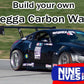 A black racecar speeds on a track with a large pre-preg carbon wing. The text at the top reads, "Build your own 9livesracing Carbon." The bottom right corner features a logo that says "9livesracing" in white and red text on a blue and red background.