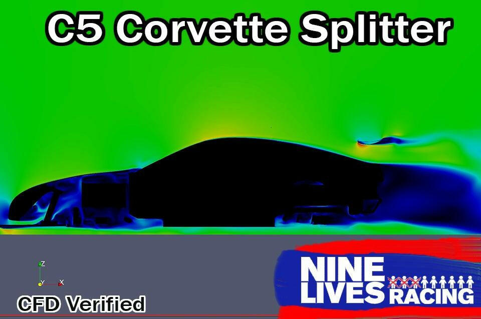 A thermal image depicting the aerodynamic analysis of a Corvette Rocket Nose Splitter ’97-04 C5 is shown in a side profile view of the vehicle. The background reveals heat flow colors, with text on the image stating "C5 Corvette Splitter," "CFD Verified," and "9livesracing.