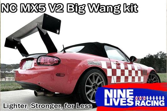 A red Mazda NC MX-5 convertible is featured in this image with a striking performance wing. The car sports a black convertible top and white checkered decals. The text on the image reads "Miata Big Wang Kit '06-15 NC (V2)" and "9livesracing." At the bottom, it also says, "Lighter, Stronger, for Less.