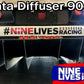 Rear view of a Miata car featuring the installed Miata Diffuser '90-05 NA/NB from 9livesracing. The bumper is adorned with several racing stickers, including "NINE LIVES RACING" and NASA. Text at the top reads, "Miata Diffuser '90-05 NA/NB." The 9livesracing logo is also overlaid in the bottom right corner.