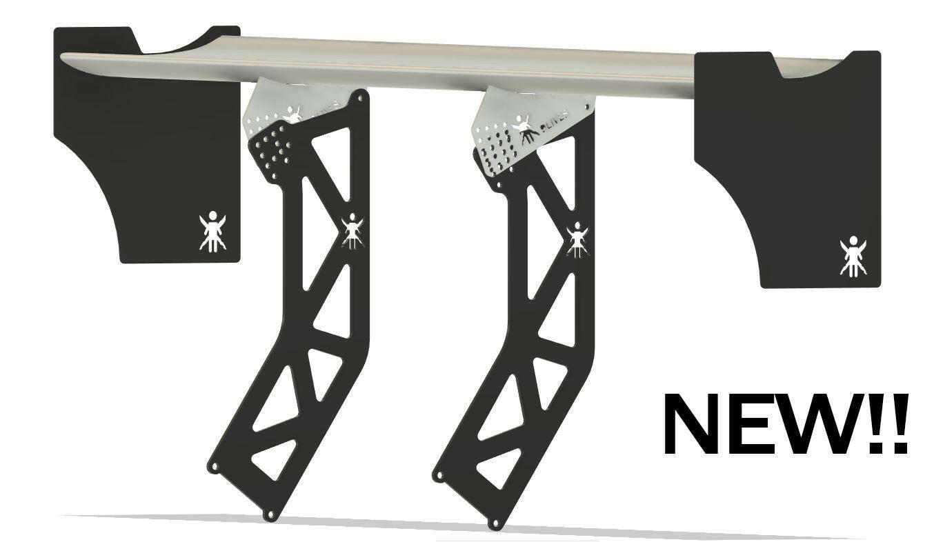 Introducing the DF Goblin Big Wang Kit by 9livesracing: A contemporary, black metal wall-mounted surfboard rack with a sleek design and "NEW!!" boldly printed in black on the right side. This rack features stylish geometric cutouts, aluminum wings for added flair, and a small logo of a stick figure holding a surfboard.