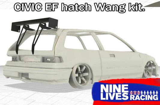 A 3D-rendered image of a white, stripped-down Honda Civic EF hatchback featuring the Civic Hatch EF Wang kit 88-91 designed for maximum down-force. Text at the top reads "Civic Hatch EF Wang kit 88-91." The bottom right corner has a "9livesracing" logo on a blue and red background.