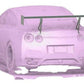 A digital rendering of a sports car, shown from the rear, featuring the 9livesracing GT-R Big Wang Kit '07-22 with an extruded aluminum wing spoiler. The car is depicted in a monochromatic purple shade, with detailed taillights and dual exhaust pipes. The overall texture of the image appears pixelated, capturing the essence of a Big Wang GT3.