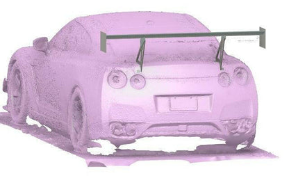 A digital rendering of a sports car, shown from the rear, featuring the 9livesracing GT-R Big Wang Kit '07-22 with an extruded aluminum wing spoiler. The car is depicted in a monochromatic purple shade, with detailed taillights and dual exhaust pipes. The overall texture of the image appears pixelated, capturing the essence of a Big Wang GT3.