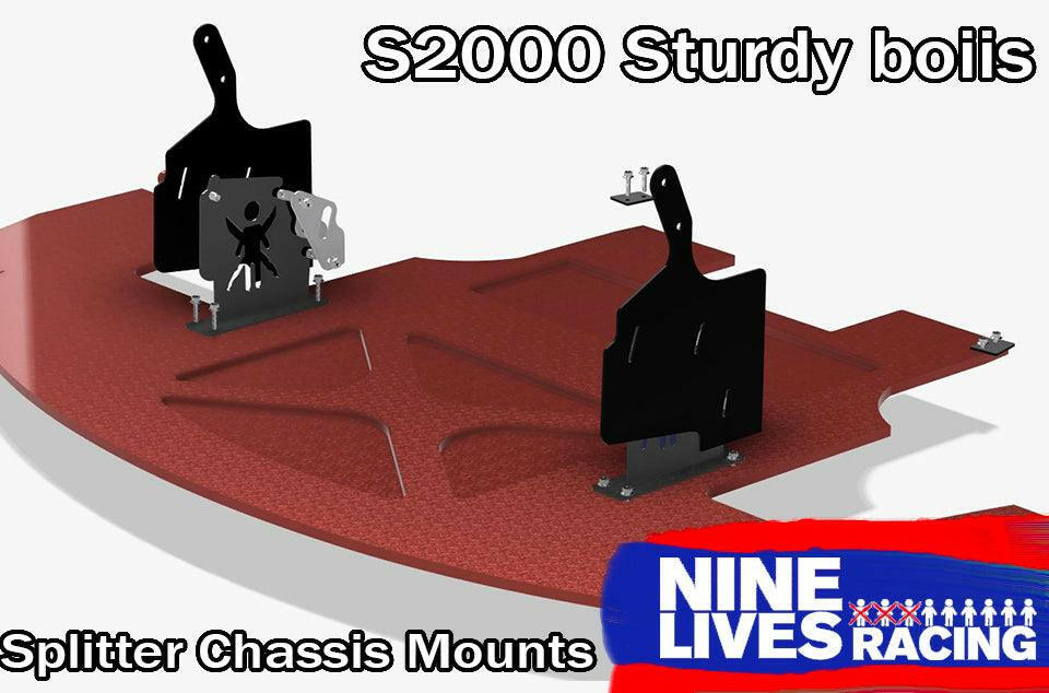 A graphic featuring S2000 Sturdy Boii Splitter Mounts titled "S2000 Sturdy bois." The black mount with metallic brackets is set on a red, textured splitter. The "9livesracing" logo graces the bottom right corner, while "Splitter Chassis Mounts" sits snugly in the bottom left, emphasizing downforce.