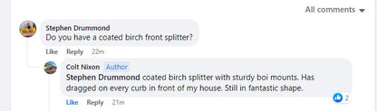 Screenshot of a Facebook comment thread. Stephen Drummond asks if there is a coated birch front splitter available for a BMW Z4. Colt Nixon replies, stating the splitter from the 9livesracing BMW z4 Big Wang kit (2003-08, E85) has sturdy boi mounts, has dragged on every curb in front of his house but is still in fantastic shape.