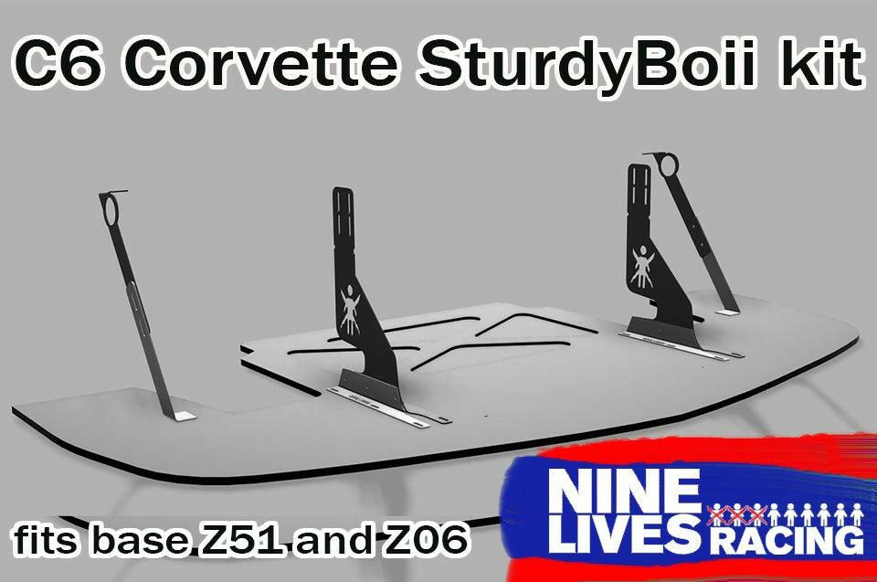 Image of a car spoiler kit labeled "Corvette Splitter - C6 & C5 '05-'13," designed for base Z51 and Z06 Corvette models. The kit features multiple aerodynamic components, CNC cut pockets, and a low friction polymer finish. The brand "9livesracing" logo is visible in the bottom right corner.