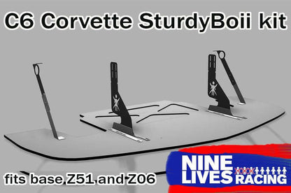 Image of a car spoiler kit labeled "Corvette Splitter - C6 & C5 '05-'13," designed for base Z51 and Z06 Corvette models. The kit features multiple aerodynamic components, CNC cut pockets, and a low friction polymer finish. The brand "9livesracing" logo is visible in the bottom right corner.
