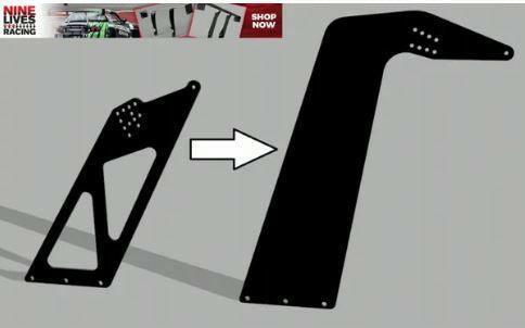 An illustration features two black car parts from 9livesracing's Add-On - Swan It! Change Any Wáng Kit to Swan Mounting. The part on the left has a triangular cut-out design, while the part on the right is solid and elongated, designed to increase downforce. An arrow points from the left part to the right. A "Shop Now" banner is displayed at the top.