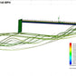 An aerodynamic simulation demonstrating airflow over a bridge structure at 140 MPH utilizes a color gradient from blue (indicating low velocity) to red (indicating high velocity). Streamlines illustrate the airflow patterns, and a color legend is available for velocity and pressure values. The study incorporates down-force adjustments similar to those found in the 9livesracing 3-Series Big Wang Kit '90-00 E36 GT3 performance tuning.