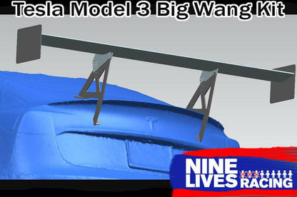 A blue Tesla Model 3 is depicted from the rear, featuring a substantial, extruded aluminum wing known as the "Tesla Model 3 Big Wang Kit," installed for optimal down-force. The text at the top reads "Tesla Model 3 Big Wang Kit," and the "9livesracing" logo is positioned in the bottom right corner.
