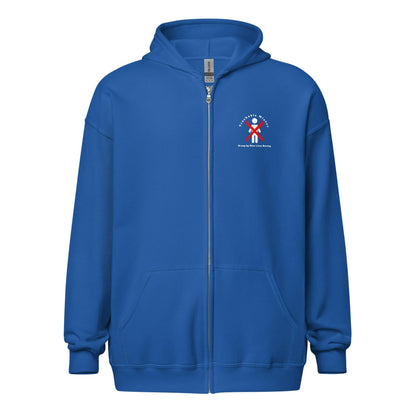 The Nine Lives Racing Warm Wang Gang Zip-Up is a blue hoodie featuring a small, embroidered logo on the left chest. The logo showcases a stylized person with outstretched arms inside a circular emblem, with text underneath. Made from soft fleece, the hoodie includes front pockets, a metal zipper, and a drawstring hood.