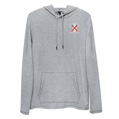 A light gray, breathable hoodie from Nine Lives Racing is shown with a front pocket and drawstrings. The top left features a small red and white logo with crossed paddles and text that reads "Huron River Canoe Outfitters." Named the Warm Wang Gang pull over Hoodie, this piece blends comfort with style seamlessly, making it perfect for layering fashion.