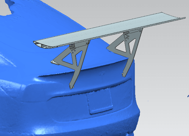 A blue 3D-rendered model of a Tesla Model 3, equipped with the Big Wang GT3 spoiler from 9livesracing. The spoiler is mounted on the trunk with robust triangular supports, enhancing down-force and optimizing the lift-to-drag ratio for superior aerodynamics and performance.