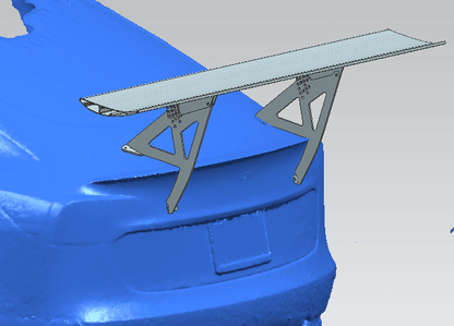 A blue 3D-rendered model of a Tesla Model 3, equipped with the Big Wang GT3 spoiler from 9livesracing. The spoiler is mounted on the trunk with robust triangular supports, enhancing down-force and optimizing the lift-to-drag ratio for superior aerodynamics and performance.