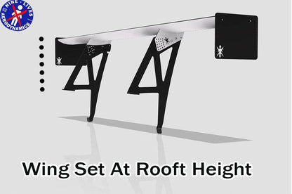 Illustration of an aluminum wing structure with the caption "Wing Set at Roof Height." The wing, optimized for downforce, is supported by two large, triangular black brackets. The logo of "9livesracing" is in the top left corner. Product Name: Subaru Impreza / WRX / STI Big Wang kit 14-21 VA.