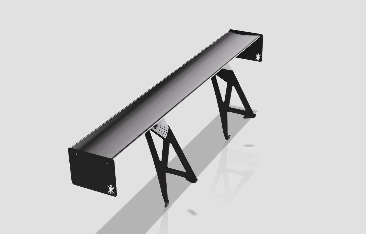 The Subaru Impreza / WRX / STI Big Wang kit 14-21 VA by 9livesracing is showcased on a light grey background. This sleek, black, rectangular spoiler features a minimalist design and is mounted on two black stands with small, white logos at the ends of each base. Reminiscent of aluminum wings on a Subaru Impreza, it enhances both style and downforce.