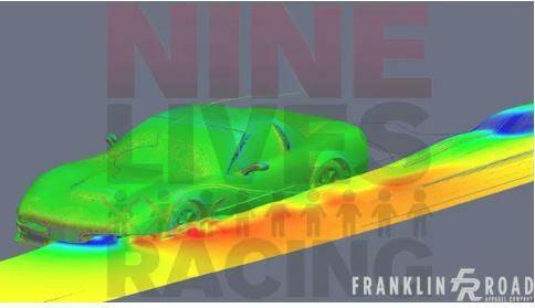 A computer-generated image showcasing the aerodynamic airflow analysis of a car, highlighting air movement and pressure areas in colorful patterns. Created using the CFD Wind Tunnel by 9livesracing, the text "NINE LIVES RACING" and "FRANKLIN ROAD" is visible in the background.