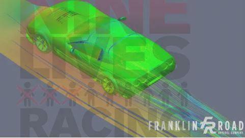 A green car is moving forward with colored streamlines representing aerodynamics, crafted by an expert using the 9livesracing CFD Wind Tunnel. The background features faint text "FRANKLIN ROAD" and a subtle graphic emphasizing the racing theme.