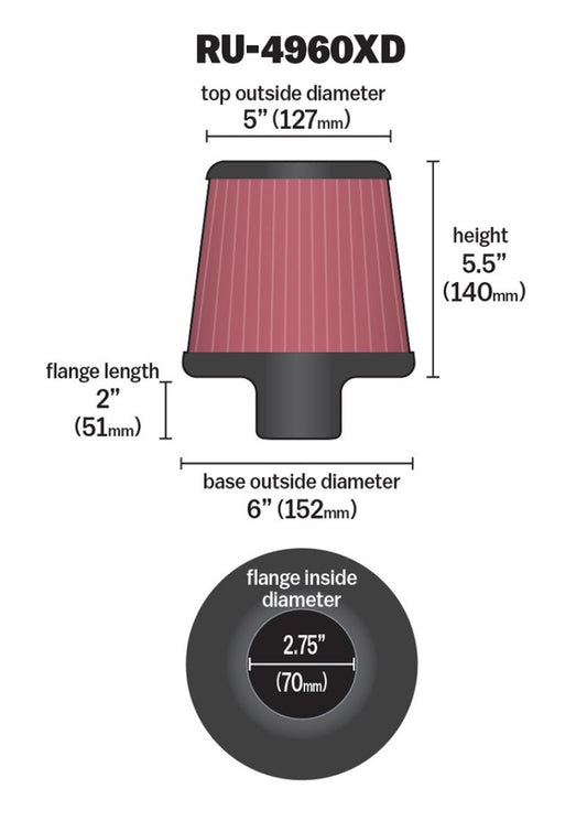 K&N Filter Universal Clamp-On Filter-Round Tapered 2.75in Flange ID x 6in Base OD x 5in Top OD - Graveyard Performance