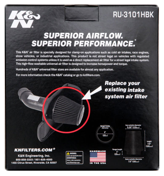 K&N Universal Rubber Filter Round Tapered 6in Flange ID x 7.5in Base OD x 5.25in Top OD x 8in Height - Graveyard Performance