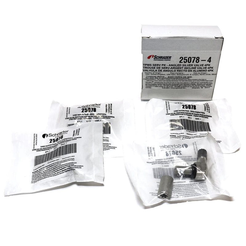 Schrader TPMS Service Pack - 90 Degree Aluminum Valve Stem Assembly Components for 33900 - 4 Pack - Graveyard Performance