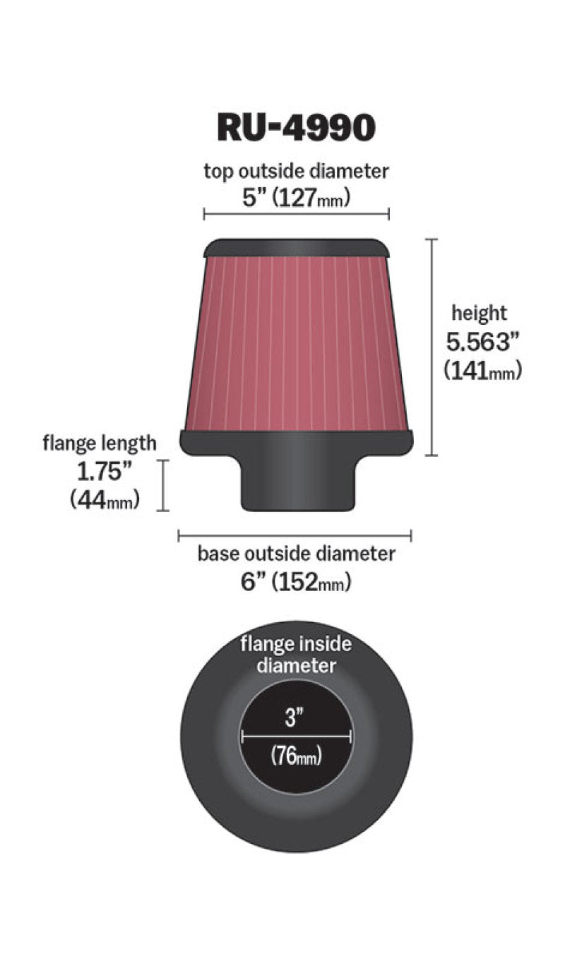 K&N Filter Universal Rubber Filter-Rd Tapered 3in Flange ID x 6in Base OD x 5in Top OD x 5.563in H - Graveyard Performance