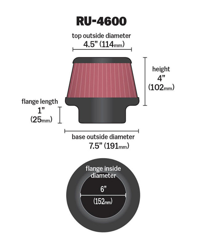 K&N Filter 6 inch Flange 7.5 inch Base 4.5 Top 4 inch Height - Graveyard Performance