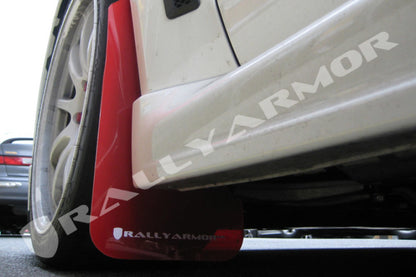 Rally Armor 08-17 Mitsubishi EVO X Red UR Mud Flap w/ White Logo - Graveyard Performance