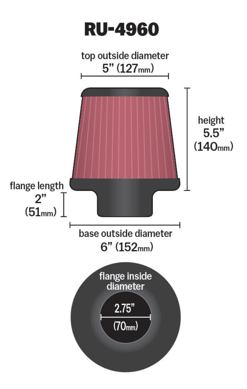 K&N Filter Universal Rubber Filter 2 3/4 inch Flange 6 inch Base 5 inch Top 5 1/2 inch Height - Graveyard Performance