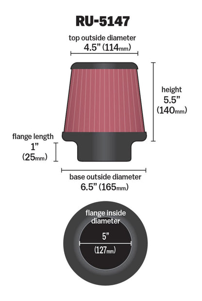 K&N Filter Universal Rubber Filter 5in Flange 6.5in Base 4.5in Top 5.5in Height - Graveyard Performance