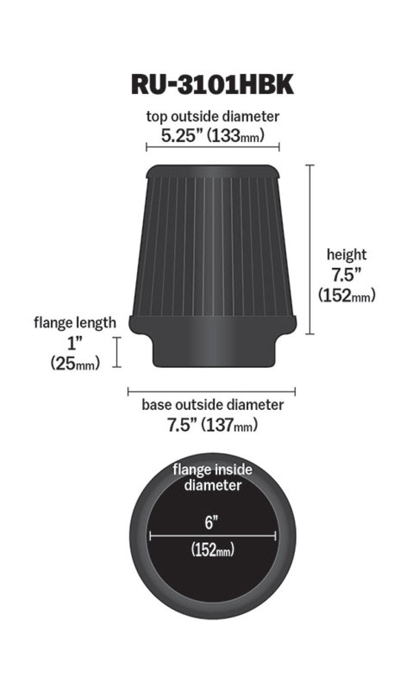 K&N Universal Rubber Filter Round Tapered 6in Flange ID x 7.5in Base OD x 5.25in Top OD x 8in Height - Graveyard Performance