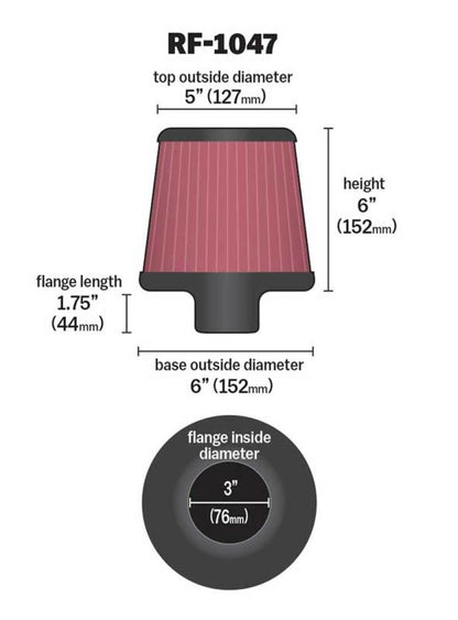 K&N Round Tapered Universal Air Filter 3 inch Flange 6 inch Base 5 inch Top 6 inch Height - Graveyard Performance
