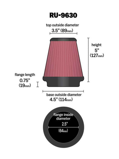 K&N Universal Tapered Filter 2.5in Flange ID x 4.5in Base OD x 3.5in Top OD x 5in Height - Graveyard Performance