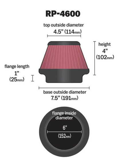 K&N Universal Round Tapered Carbon Fiber Air Filter 6in Flg ID Centered/7.5in B OD/4.5in T OD/4in H - Graveyard Performance