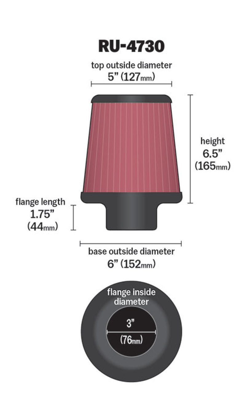 K&N Filter 3 inch Flange 6 inch Base 5 Top 6 1/2 inch Height - Graveyard Performance