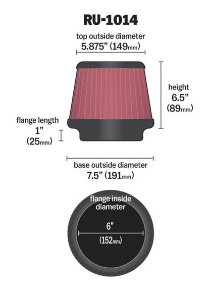 K&N Universal Tapered Filter 6in Flange ID x 7.5in Base OD x 5.875in Top OD x 6.5in Height - Graveyard Performance