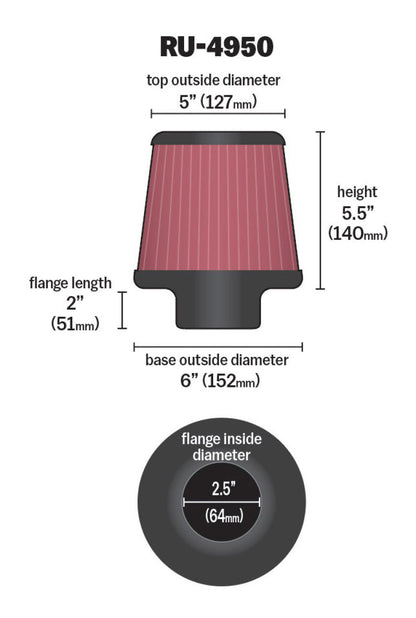 K&N Filter Universal Rubber Filter 2 1/2 inch Flange 6 inch Base 5 inch Top 5 1/2 inch Height - Graveyard Performance