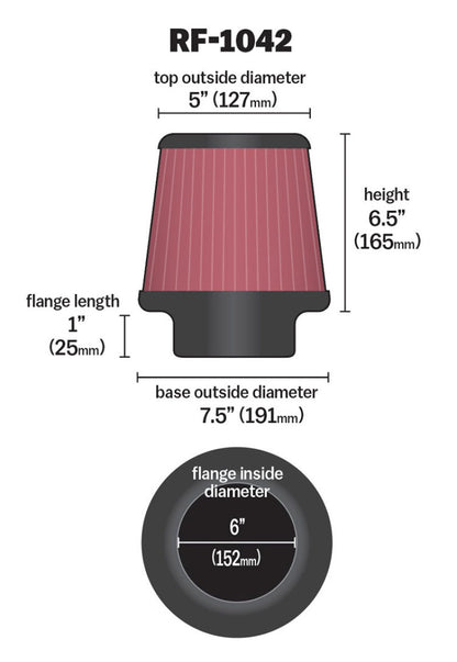 K&N Round Tapered Universal Air Filter 6in Flange ID x 7.5in Base OD x 5in Top OD x 6.5in Height - Graveyard Performance