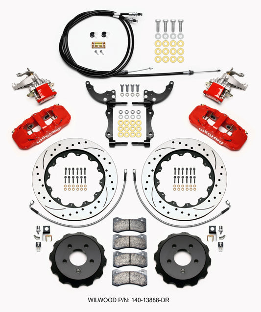 Wilwood AERO4 / MC4 Rear Kit 14.00 Drilled Red 15-23 Mustang w/Lines & Cables