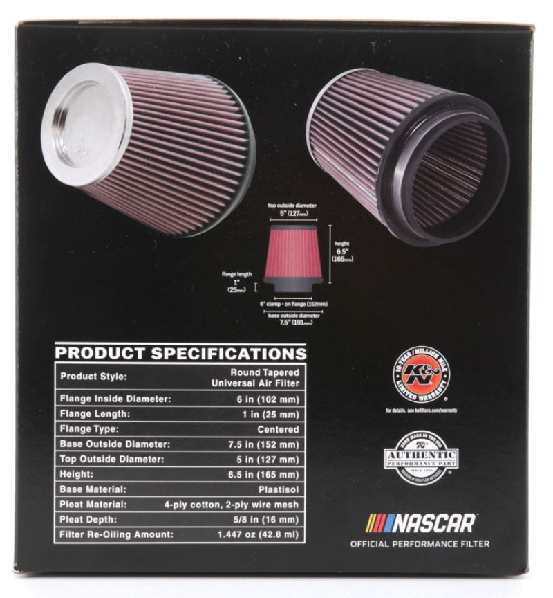 K&N Round Tapered Universal Air Filter 6in Flange ID x 7.5in Base OD x 5in Top OD x 6.5in Height - Graveyard Performance