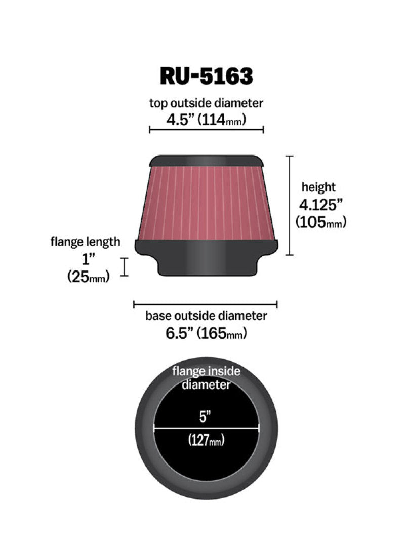 K&N Universal Rubber Filter 5in Flange ID x 6.5in Base OD x 4.5in Top OD x 4.125in Height - Graveyard Performance