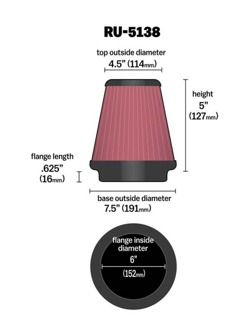 K&N Universal Clamp-On Air Filter 6in FLG / 7-1/2in B / 4-1/2in T / 5in H - Graveyard Performance