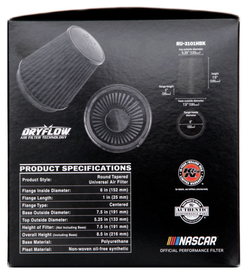 K&N Universal Rubber Filter Round Tapered 6in Flange ID x 7.5in Base OD x 5.25in Top OD x 8in Height - Graveyard Performance