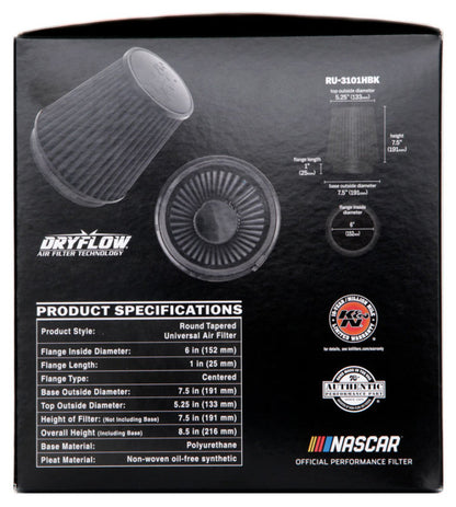 K&N Universal Rubber Filter Round Tapered 6in Flange ID x 7.5in Base OD x 5.25in Top OD x 8in Height - Graveyard Performance