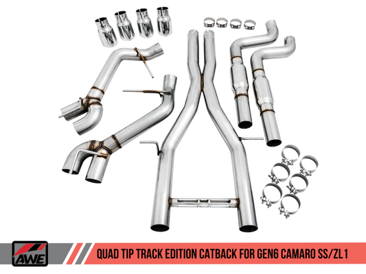 AWE Tuning 16-19 Chevy Camaro SS Resonated Cat-Back Exhaust -Track Edition (Quad Chrome Silver Tips)