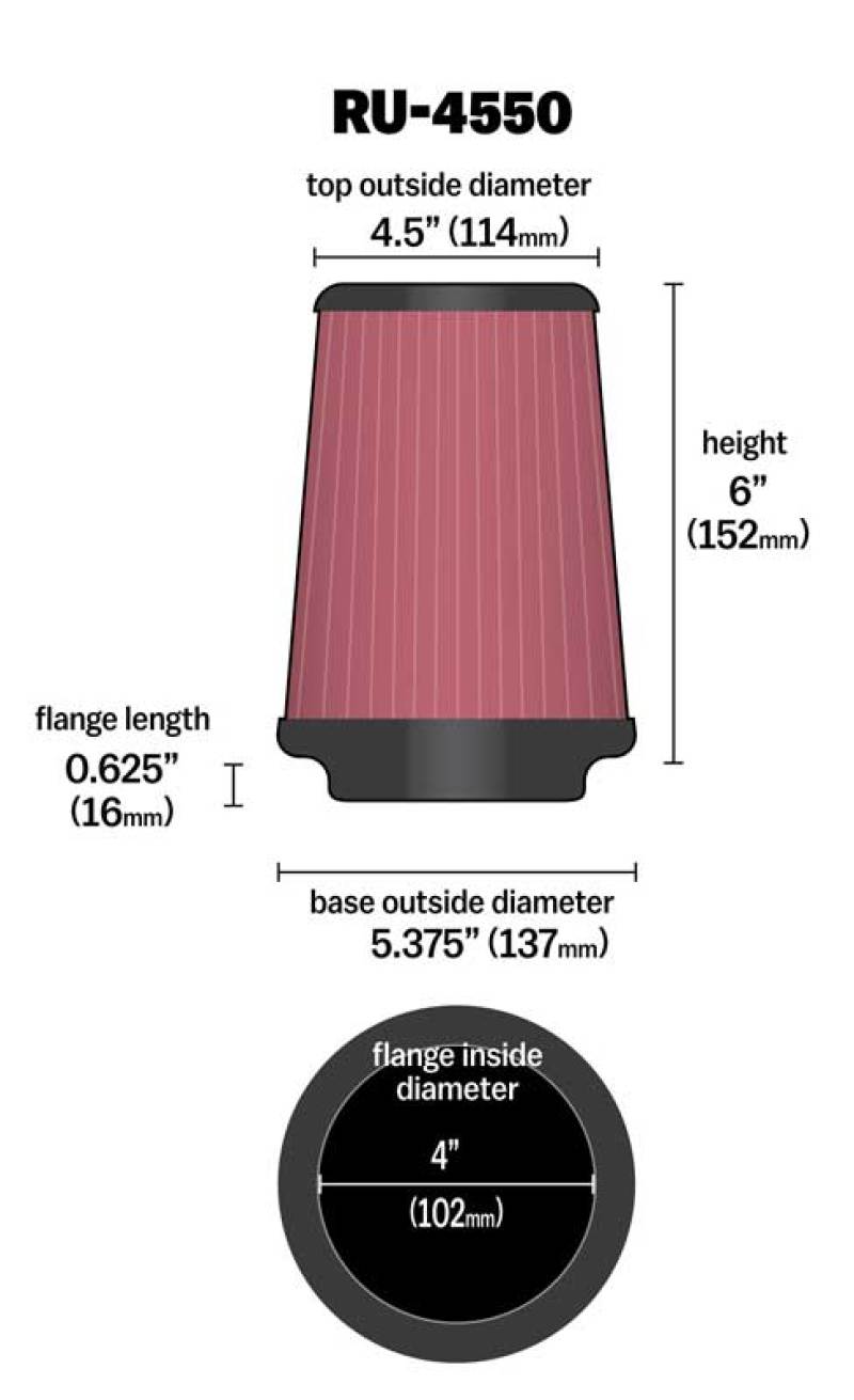 K&N Universal Air Filter 4in Flange / 5-3/8in Base / 4-1/2in Top / 6in Height - Graveyard Performance